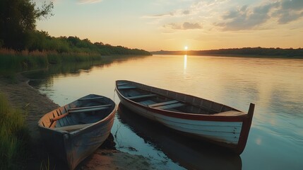 Fototapeta premium River sunset view with boat anchored at shore image
