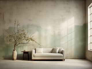 Wabi sabi japanese style rustic interior in with wood, pottery and texture elements in mint, white and neutral colors