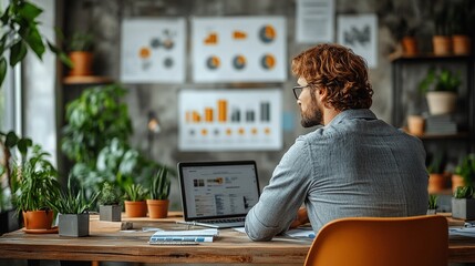 Focused Professional Analyzing Data in Modern Green Office with Multiple Charts and Plants