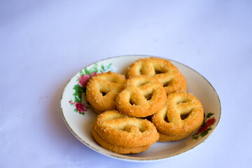 Danish butter cookies, Close up of butter cookies coated with white sugar, sweet cookies