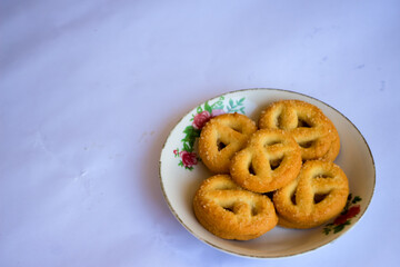 Danish butter cookies, Close up of butter cookies coated with white sugar, sweet cookies