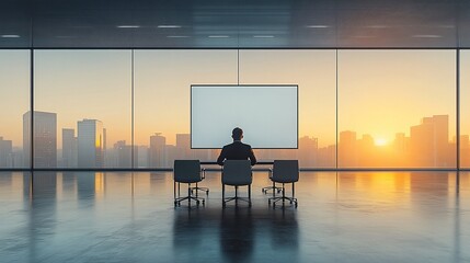 Man in modern office facing large window with cityscape at sunrise, evoking calm and focus