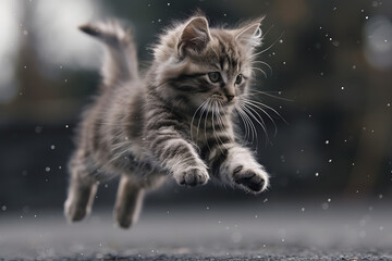 American Wirehair cat jumping in the air