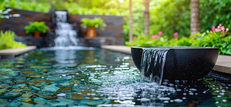 Closeup of a small waterfall flowing into a black bowl in a garden pond. The water is clear and the rocks are smooth.