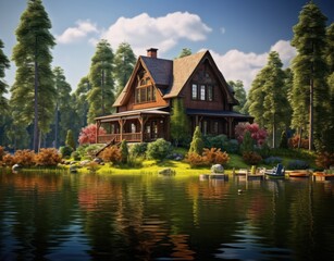 Fototapeta premium Large cottage on lake surrounded by trees and forest