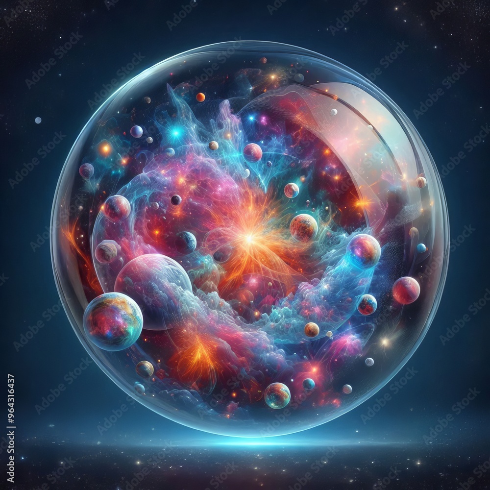 Poster a mesmerizing view of a colorful cosmic nebula encapsulated within a transparent sphere. the vibrant