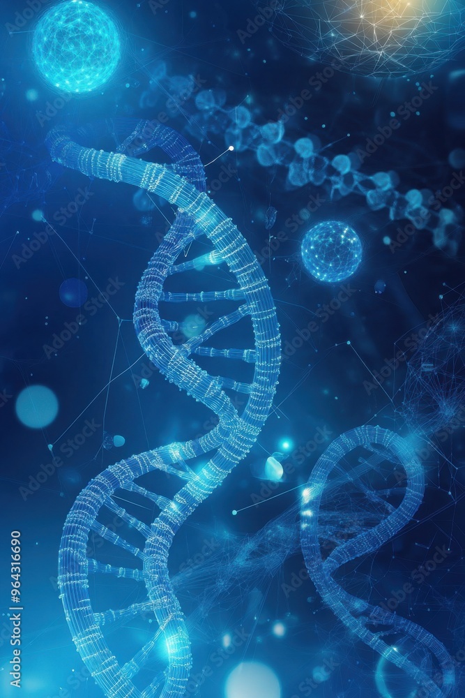 Poster digital illustration of dna strands on a blue background with glowing spheres and networking lines