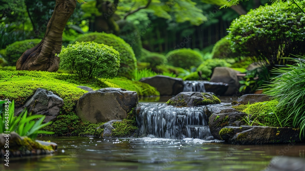 Wall mural a small waterfall flows over rocks in a lush green garden.