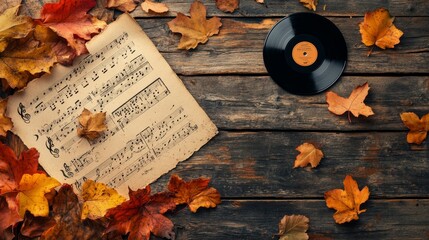 Rustic autumn backdrop featuring scattered leaves, sheet music, and a vinyl record, ideal for a music festival or concert invitation.