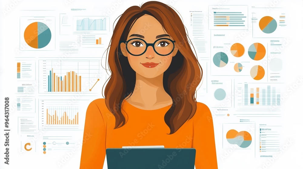 Poster professional woman analyzing data reports in an office setting with charts and graphs