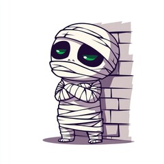 Cute Mummy Cartoon Character Leaning Against a Brick Wall