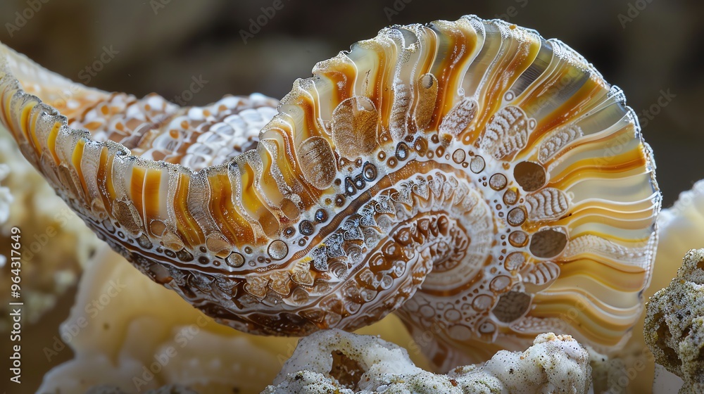 Poster a close-up of a seashell showing intricate details and colors.