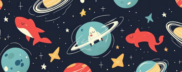 Cute space-themed illustration with planets, stars, and whimsical rocket ships on a blue background