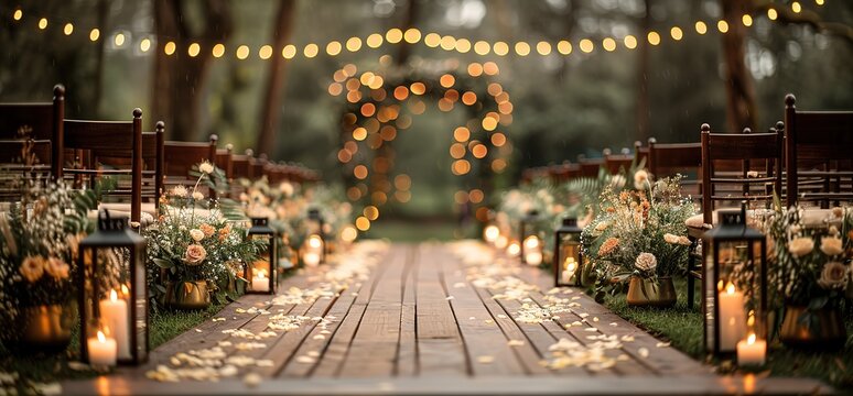 Romantic wedding ceremony setup with wooden chairs, floral arrangements, candles and string lights. Perfect for a rustic outdoor wedding.