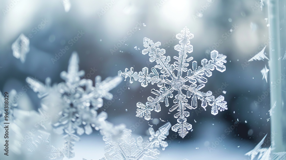 Poster a snowflake on a windowpane with a blurred blue and white background.