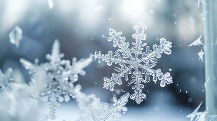 A snowflake on a windowpane with a blurred blue and white background.