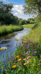 a riverbank with colorful wildflowers and lush green grass