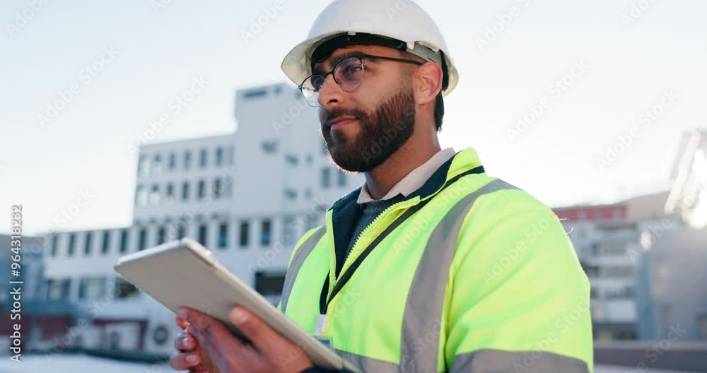 Aufkleber Engineering, tablet and thinking with man in city for project management, digital blueprint and planning. Architecture, technology and structural design with contractor for urban development