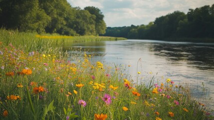 a riverbank with colorful wildflowers and lush green grass