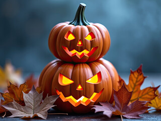 Fototapeta premium Jack-o'-Lantern Stack with Autumn Leaves