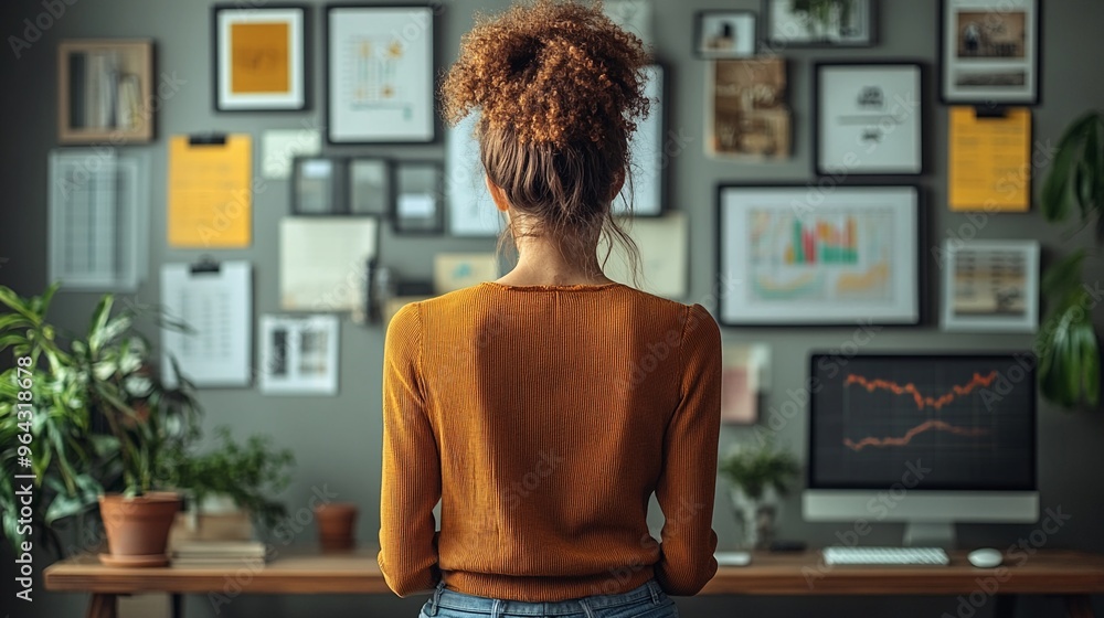Poster woman analyzing data on wall with computer and plants in modern workspace