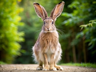 Fototapeta premium A tall, fluffy rabbit with extremely long ears and legs, standing in a pose that accentuates its long body and oversized features.