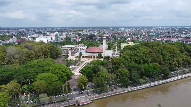 Aerial view of the largest mosque in Banjarmasin, South Kalimantan, Sabilal Muhtadin Mosque
