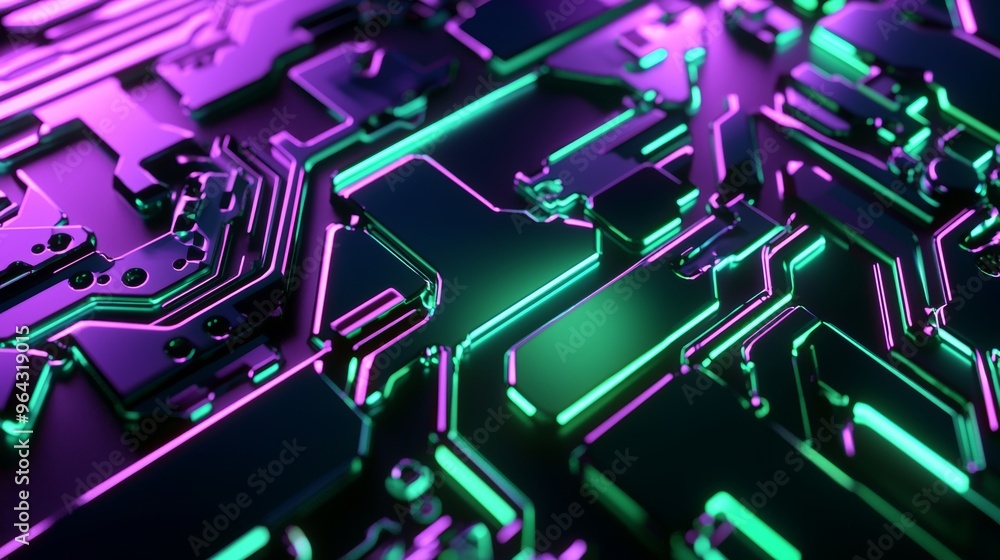 Poster abstract 3d render of a futuristic circuit board glowing with purple and green lights, creating a co