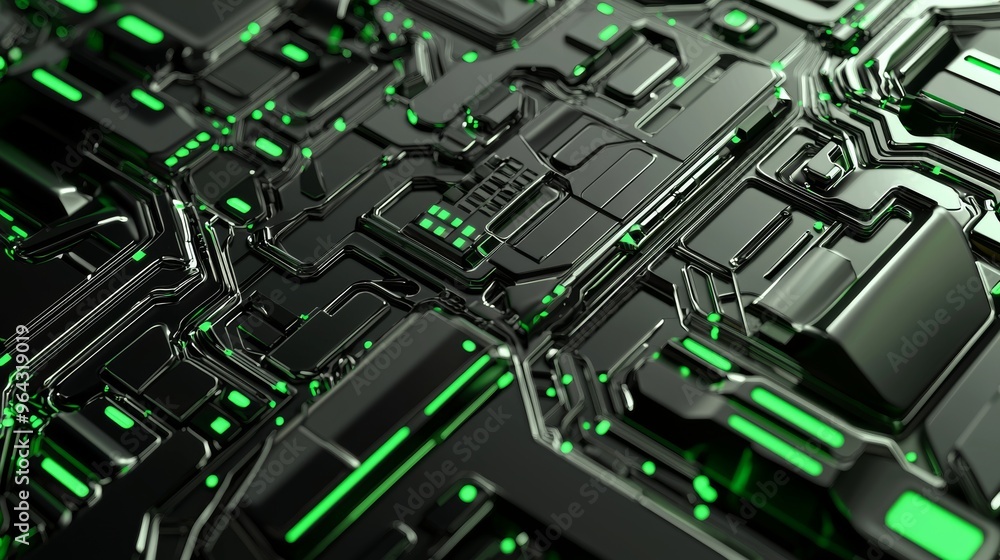 Poster futuristic circuit board with glowing green lights is pulsing with energy, highlighting the complex 