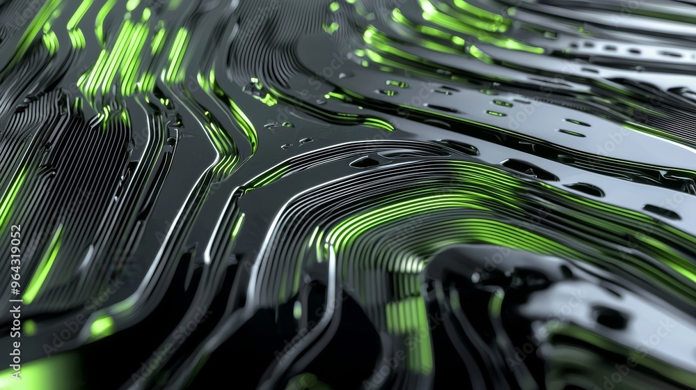 Poster abstract background showing a futuristic metallic surface with glowing green lights, creating a tech