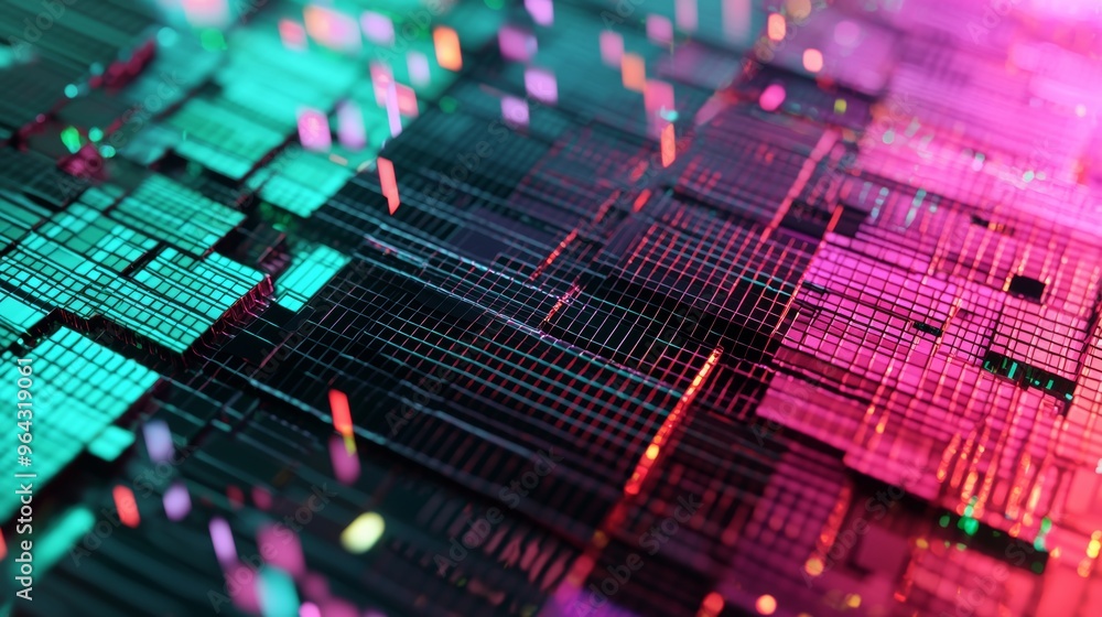Poster complex three-dimensional structure composed of rectangular blocks forming a grid, with bright neon 