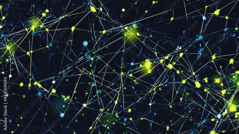 Poster abstract background with connecting dots and lines forming a network, symbolizing communication, tec