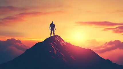 Silhouette of a Man Standing on a Mountain Peak at Sunset