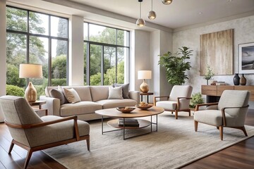 Fototapeta premium Boucle lounge chairs and sofa in classic room. Minimalist interior design of modern living room