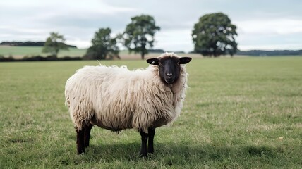 Fototapeta premium Open field with side shot of sheep grazing. Nature and livestock.