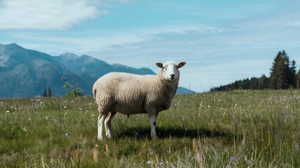 Landscape of sheep in mountainous environment.