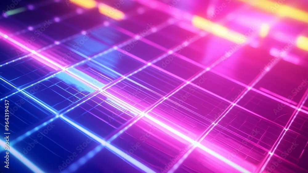 Poster abstract background forming with neon squares and lines glowing in dark space. perfect backdrop for 