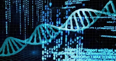 Animation of dna strand, data processing over scope scanning on black background - Powered by Adobe