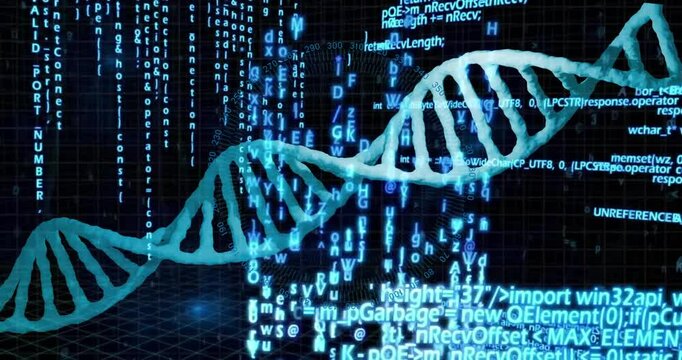 Animation of dna strand, data processing over scope scanning on black background - Powered by Adobe
