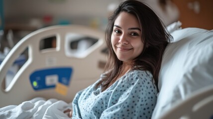 Smiling young Latina woman recovering in hospital bed after treatment