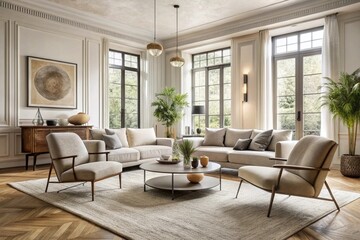 Boucle lounge chairs and sofa in classic room. Minimalist interior design of modern living room
