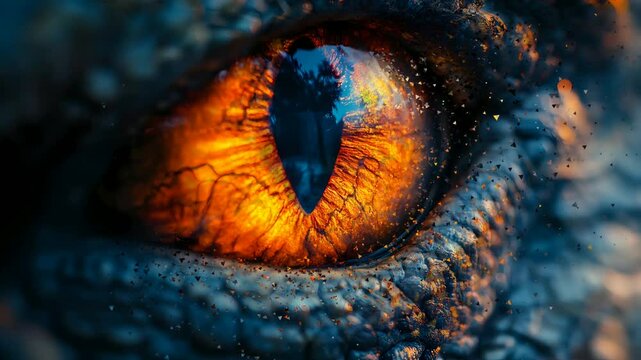 stunning fantasy extreme close up t rex eye with fractal, seamless video animation