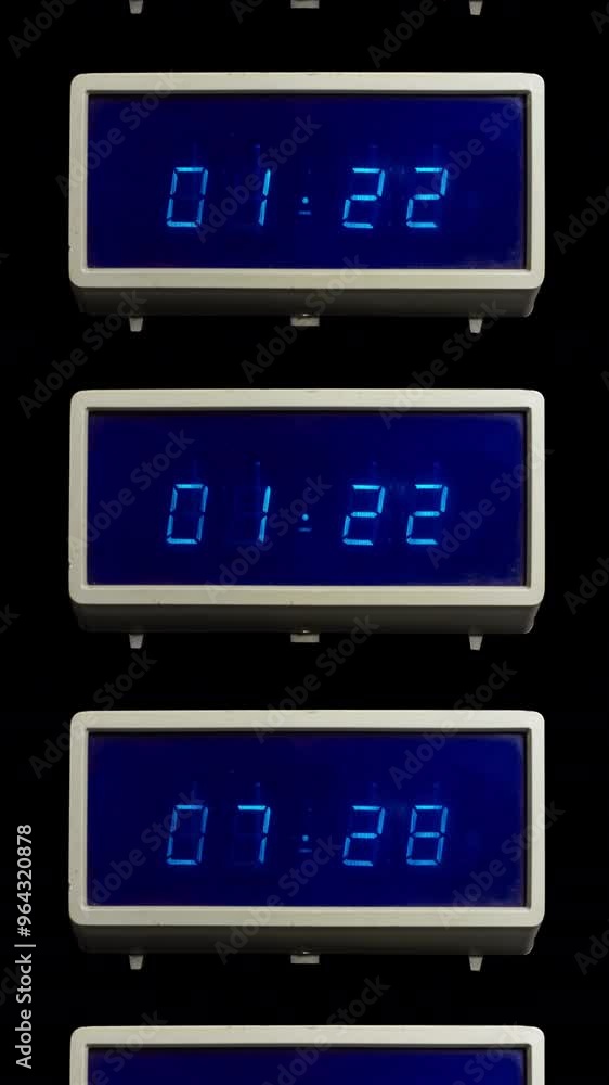 Poster retro led clocks in stop motion in vertical