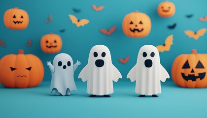Playful Halloween ghosts with pumpkins and bats in a vibrant setting, perfect for festive decorations and seasonal imagery.