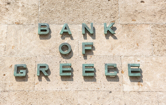 Rhodes Town, Greece &ndash; July 19, 2024. Bank of Greece sign on a wall of a building in Rhodes, Greece. 