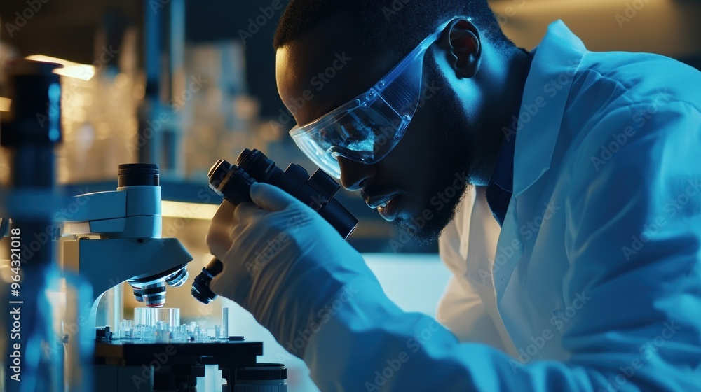 Poster scientist using a microscope in a laboratory