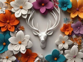 3d art wallpaper abstract of white floral deer decor, colorful deer and white background.