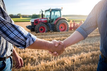 Two individuals shake hands in a golden field with a tractor in the background