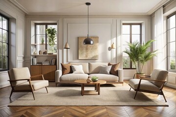 Fototapeta premium Boucle lounge chairs and sofa in classic room. Minimalist interior design of modern living room