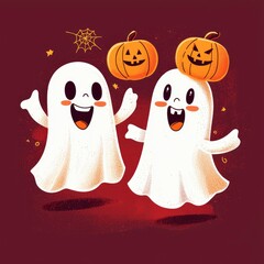 Fototapeta premium Happy Halloween Ghosts with Pumpkins